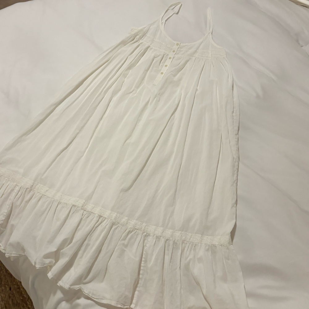 THE GREAT. Cream Midi Dress with Ruffle Hem